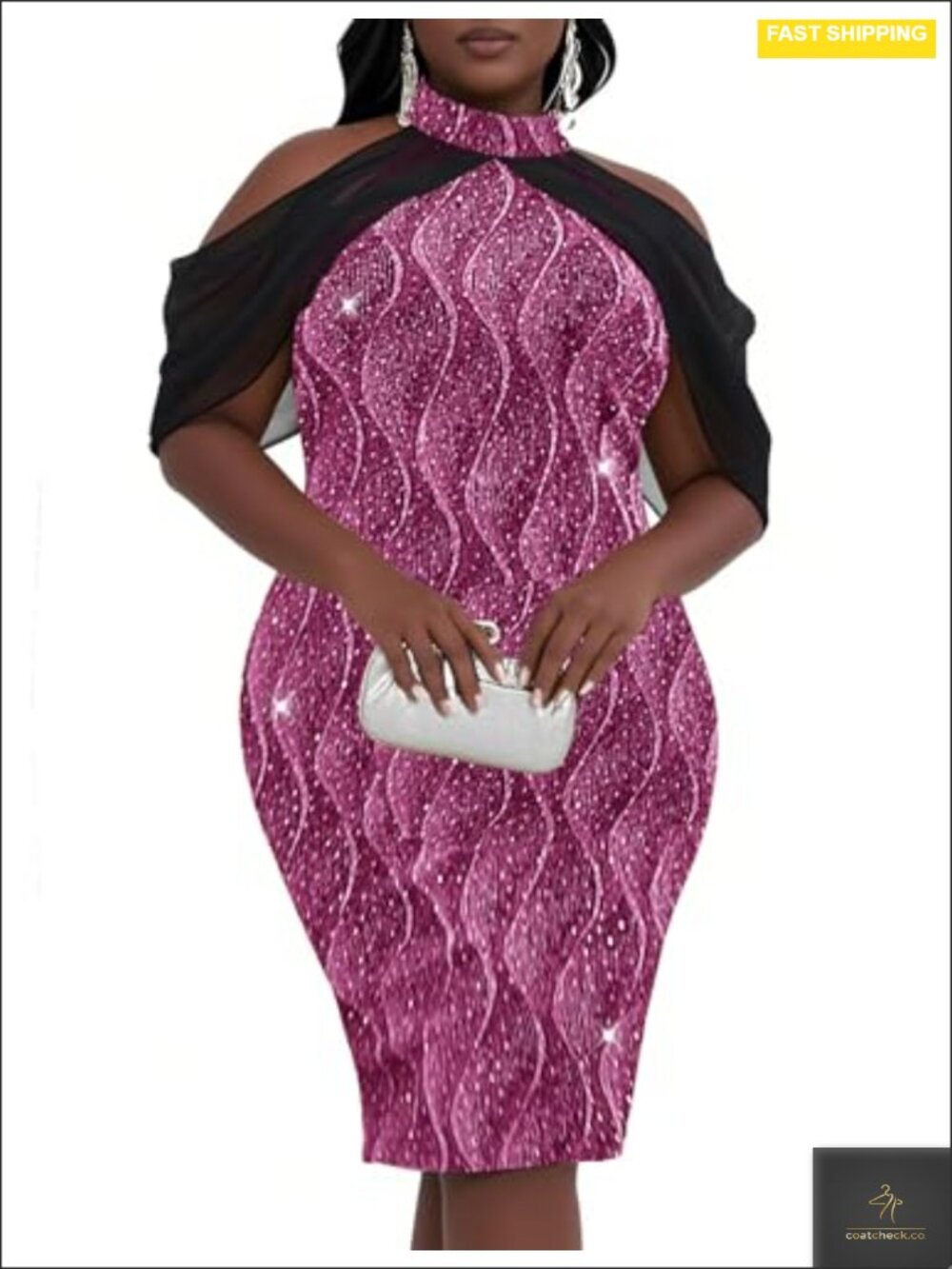 Plus Size Sequin Halter Neck Cape Sleeve Bodycon Cocktail Dress